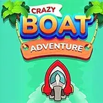 Fargerik illustrasjon av en båt som kjører på vann omgitt av grønne trær og stort teksten Crazy Boat Adventure over