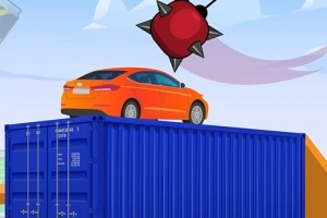 En oransje bil står oppå en blå shippingcontainer, med en spikret kule svevende i luften over