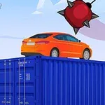 En oransje bil står oppå en blå shippingcontainer, med en spikret kule svevende i luften over
