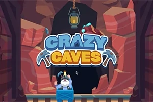 En tegneseriegrafikk med en dverg i en gruvevogn foran en lysende grottebakgrunn, med teksten Crazy Caves over