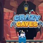 En tegneseriegrafikk med en dverg i en gruvevogn foran en lysende grottebakgrunn, med teksten Crazy Caves over