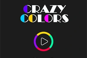 Tekst Crazy Colors i hvitt med fargerike detaljer på svart bakgrunn, over en flerfarget sirkel med en spilleknapp i midten