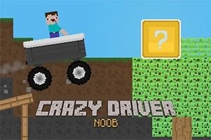 En pikselert figur kjører en bil opp et jordete terreng med en gul blokk med spørsmålstegn i bakgrunnen, og teksten Crazy Driver Noob vises nederst i bildet