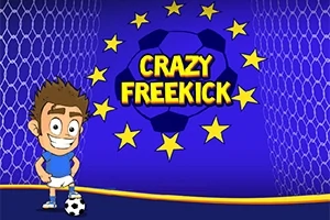 En tegnet fotballspiller med en ball foran et nett og stjernesirkel, med teksten CRAZY FREEKICK i bakgrunnen