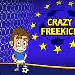 En tegnet fotballspiller med en ball foran et nett og stjernesirkel, med teksten CRAZY FREEKICK i bakgrunnen