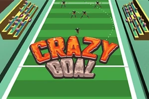 Tekst med ordene Crazy Goal vises over en grafikk av en fotballbane sett ovenfra, med tilskuere på sidene