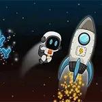 En astronautfigur svever i verdensrommet ved siden av en rakett med stjernelys i bakgrunnen