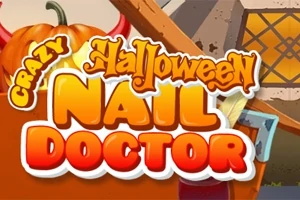 Grafikk med teksten Crazy Halloween Nail Doctor foran en bakgrunn med gresskar og et husvindu