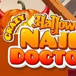 Grafikk med teksten Crazy Halloween Nail Doctor foran en bakgrunn med gresskar og et husvindu