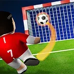 En animert spiller i rødt drakt med nummer 7 skyter en fotball mot et mål med et blått nett