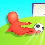 Rød figur spiller fotball og skyter mot et mål
