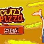 Kokk med stort smil og kokkelue omringet av flytende pizzabunner over en gul bakgrunn, med teksten Crazy Pizza og Start