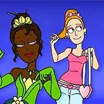 To an animerte figurer i lyse farger poserer mot en blå bakgrunn, med en karakter i grønne klær og en annen i rosa topp og jeans