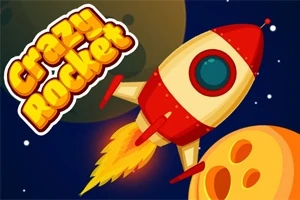 Tegnet rakett i rødt og hvitt skyter gjennom verdensrommet med flammer bak, med teksten Crazy Rocket i gule bokstaver øverst til venstre