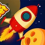 Tegnet rakett i rødt og hvitt skyter gjennom verdensrommet med flammer bak, med teksten Crazy Rocket i gule bokstaver øverst til venstre