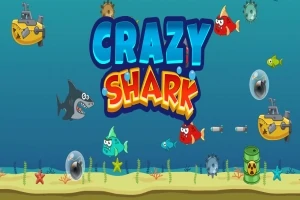Tegneserieaktige haier, fisker og ubåter i et undervannsmiljø med teksten Crazy Shark i midten