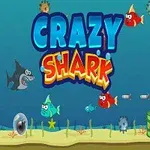 Tegneserieaktige haier, fisker og ubåter i et undervannsmiljø med teksten Crazy Shark i midten