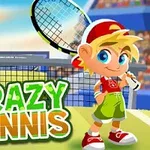 Tegneseriefigur i tennisutstyr står på en bane med tekst Crazy Tennis og et grønt monster ved siden av