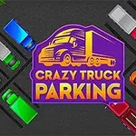 Fargerike lastebiler og biler parkert i et parkeringsområde sett ovenfra med en logo for Crazy Truck Parking i midten