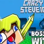 Tegneseriefigur med gult sverd og blå bakgrunn med teksten Crazy Steve