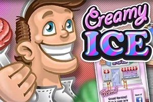 Tegnet figur smilende med en is i hånden ved siden av teksten Creamy Ice