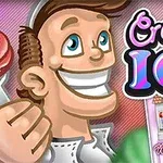 Tegnet figur smilende med en is i hånden ved siden av teksten Creamy Ice