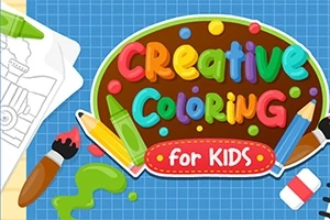 Fargerik illustrasjon med en palett, malerpensel, og fargeblyanter på en rutet bakgrunn, med teksten Creative Coloring for Kids