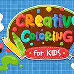 Fargerik illustrasjon med en palett, malerpensel, og fargeblyanter på en rutet bakgrunn, med teksten Creative Coloring for Kids