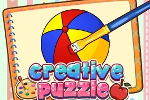 En illustrasjon av en fargerik strandball, en pensel som maler, og teksten creative puzzle med en palett og et eple