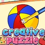En illustrasjon av en fargerik strandball, en pensel som maler, og teksten creative puzzle med en palett og et eple