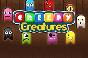Fargerike, tegneserieaktige skapninger med forskjellige ansiktsuttrykk og teksten Creepy Creatures i midten