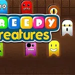 Fargerike, tegneserieaktige skapninger med forskjellige ansiktsuttrykk og teksten Creepy Creatures i midten