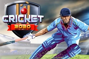 En illustrasjon av en cricketspiller i blå drakt som svinger et balltre, med logoen Cricket 2020 ved siden av