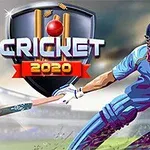 En illustrasjon av en cricketspiller i blå drakt som svinger et balltre, med logoen Cricket 2020 ved siden av