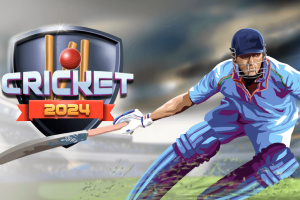 En illustrasjon av en cricketspiller i aksjon med en balltre, iført blå drakt, med en grafisk skilt i bakgrunnen med teksten Cricket 2024