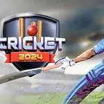 En illustrasjon av en cricketspiller i aksjon med en balltre, iført blå drakt, med en grafisk skilt i bakgrunnen med teksten Cricket 2024