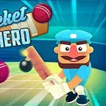Tegneseriefigur i blått antrekk spiller cricket på en fargerik bakgrunn