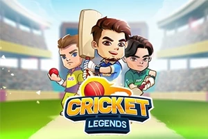 Tre tegneserieaktige figurer i cricket-uniformer står klare med balltre og baller på en stadion