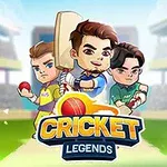 Tre tegneserieaktige figurer i cricket-uniformer står klare med balltre og baller på en stadion