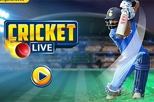 En cricketspiller i blå uniform svinger balltreet sitt på en opplyst stadion med teksten CRICKET LIVE og en play-knapp ved siden av