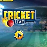 En cricketspiller i blå uniform svinger balltreet sitt på en opplyst stadion med teksten CRICKET LIVE og en play-knapp ved siden av
