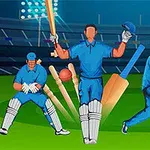 Tre cricketspillere i blå uniformer på en grønn bane, med en ball i luften og en balltre i fokus