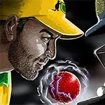 To personer i sportsutstyr stirrer intenst på hverandre med en glødende cricketball mellom dem