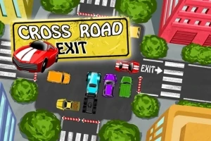 Biltema illustrasjon av et veikryss med fargerike biler, trær, bygninger og skiltet Cross Road Exit