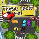 Biltema illustrasjon av et veikryss med fargerike biler, trær, bygninger og skiltet Cross Road Exit