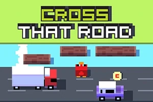 En pikselert rød fugl står ved en vei med biler, foran teksten Cross That Road