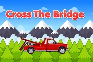 Rød bergingsbil i en tegnet skog med fjell og teksten Cross The Bridge øverst