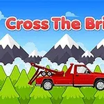 Rød bergingsbil i en tegnet skog med fjell og teksten Cross The Bridge øverst