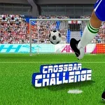 En fotballspiller i blå shorts og hvite sokker skyter en fotball mot målet, med teksten Crossbar Challenge foran på gresset