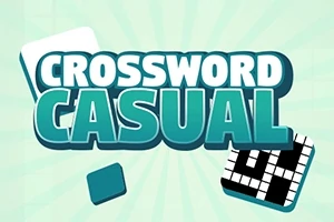 Tekst i blå og hvit typografi som sier Crossword Casual med brikker og en kryssordbit i bakgrunnen